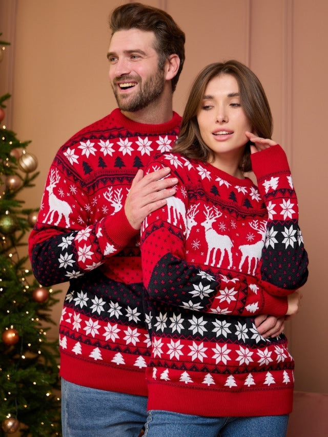 Pull à manches longues en jacquard d'élan de couple pour Noël, automne et hiver