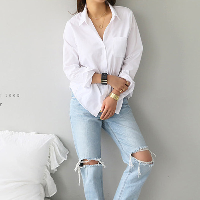 Chemise unie à manches longues en tissu premium