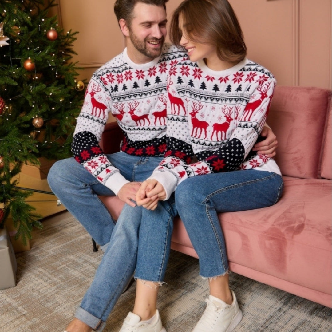 Pull à manches longues en jacquard d'élan de couple pour Noël, automne et hiver