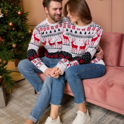 Pull à manches longues en jacquard d'élan de couple pour Noël, automne et hiver
