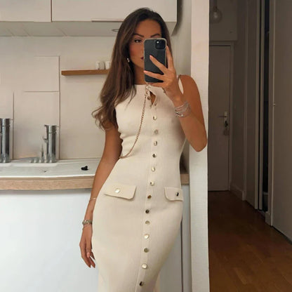 Robe Tricot Longue Élégante Sans Manches