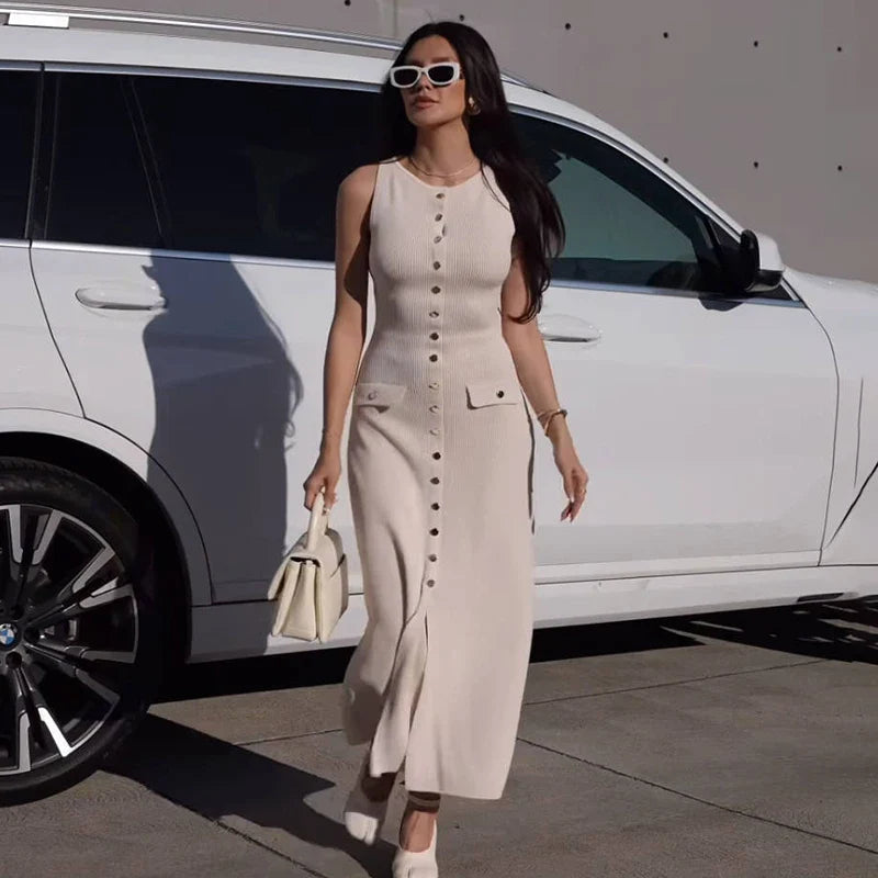 Robe Tricot Longue Élégante Sans Manches