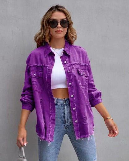 Veste Chemise Déchirée Automne et Printemps Hauts Décontractés pour Femmes