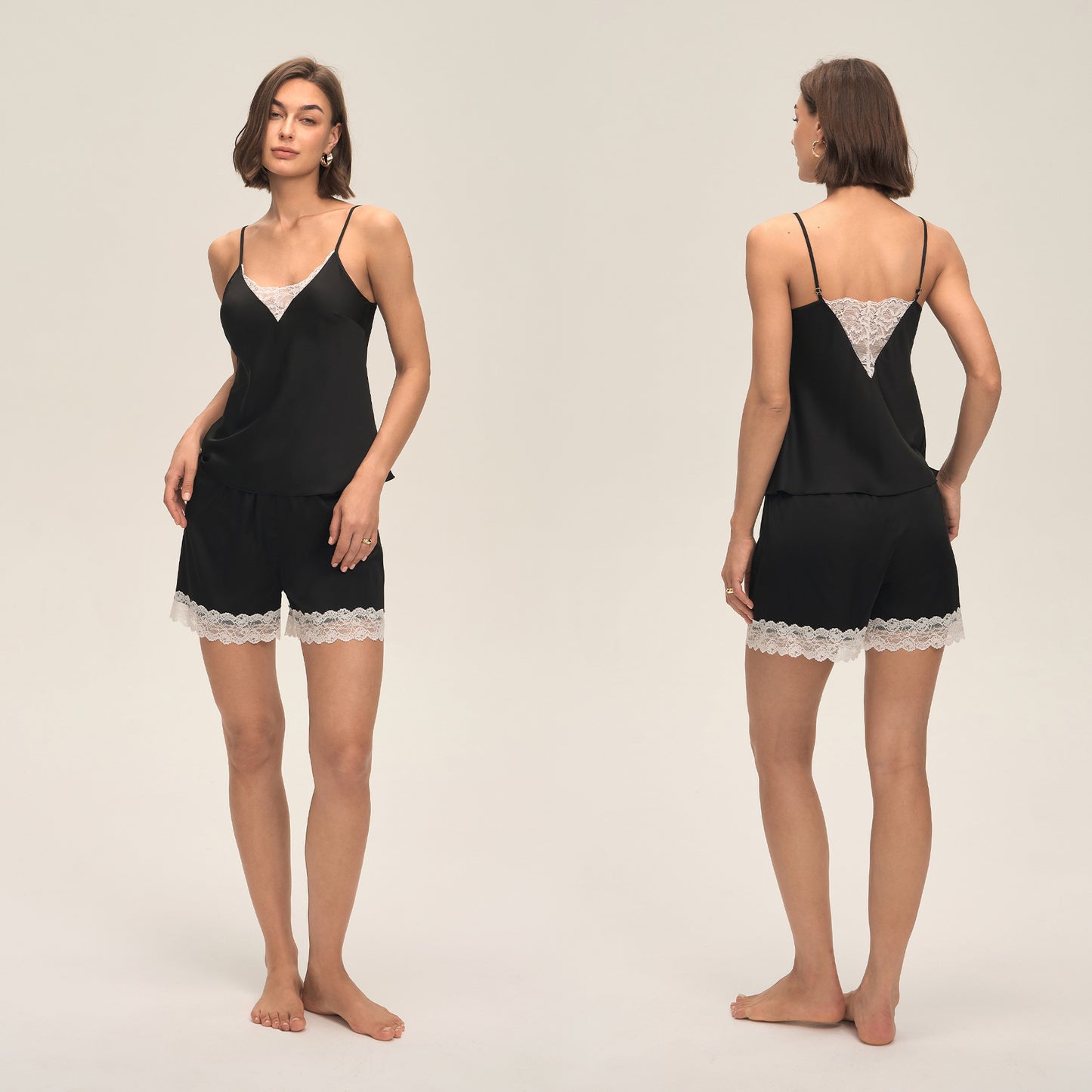 Combinaison Élégante à Panneaux en Dentelle et Short Bretelles