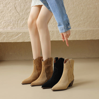 Bottines à talon moyen épais en cuir mat à la mode