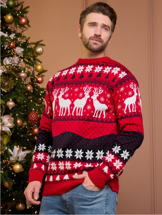 Pull à manches longues en jacquard d'élan de couple pour Noël, automne et hiver