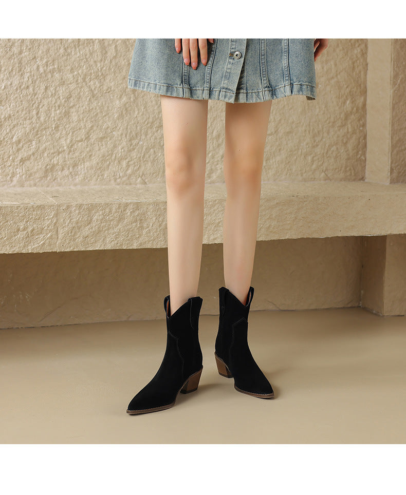 Bottines à talon moyen épais en cuir mat à la mode